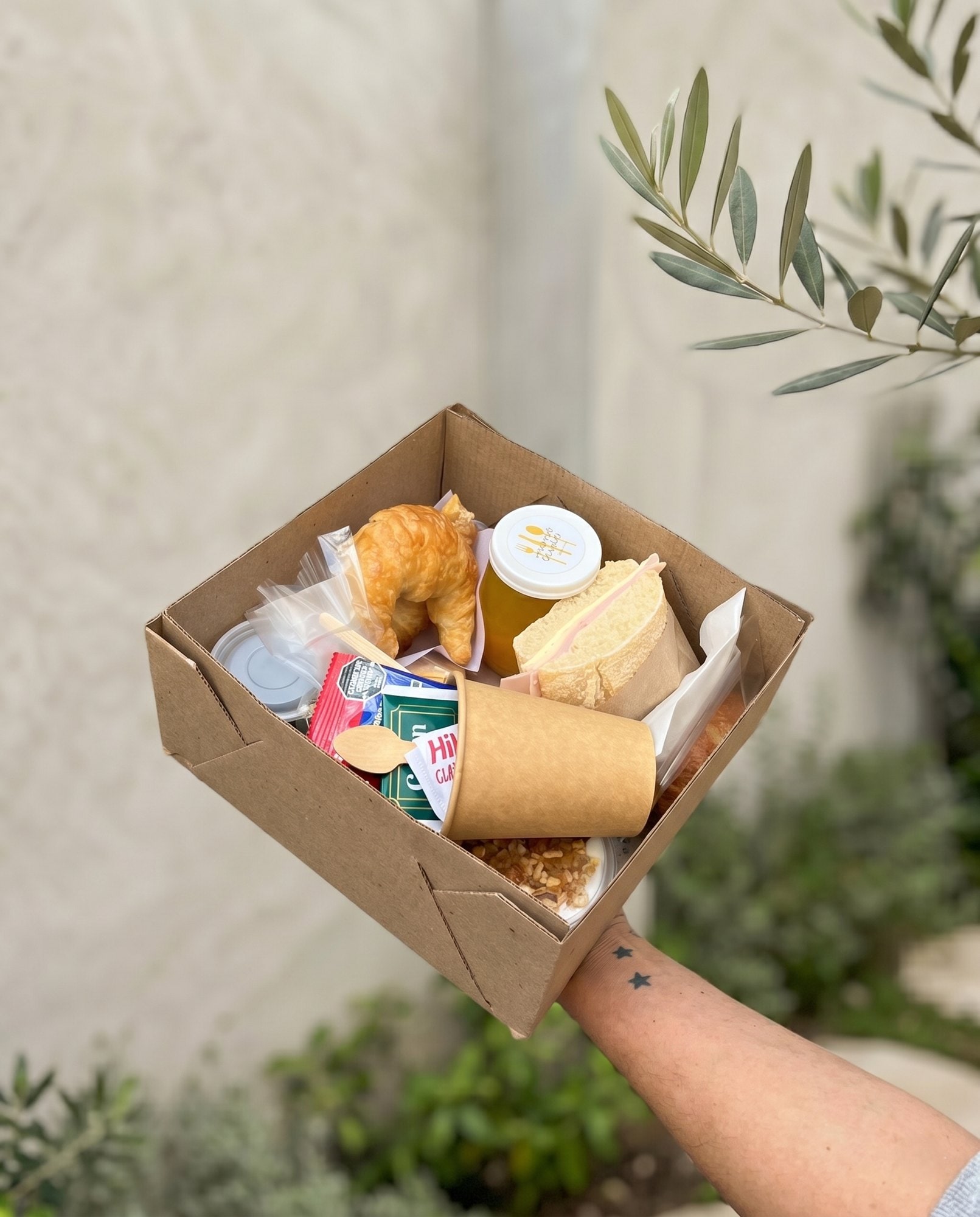 Box de desayuno en mano con budín, alfajores y limonada, olivo de fondo